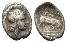 Italy. Southern Lucania, Thurium, c. 300-280 BC. AR Triobol (10,1mm, 1.1g). Head of Athena right, wearing helmet decorated with wing. R/ Bull butting ...