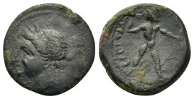 Italy. Bruttium. The Brettii, c. 214-211 BC. Æ Half Unit (17,7mm, 4.5g). Head of Nike l., wearing diadem. R/ Zeus standing r., holding thunderbolt and...