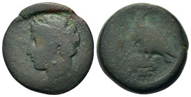 Italy. Bruttium, Carthaginian occupation, c. 215-205 BC. Æ Unit (25,6mm, 15.5g). Head of Tanit-Demeter l., wearing wreath of grain ears. R/ Head of ho...