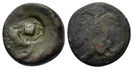 Sicily, Akragas, c. 415-406 BC. Æ Hemilitron (18mm, 6.5g). Eagle standing r. on fish or hare R/ Crab; six pellets around; c/m: crab. CNS I, 99 CM.