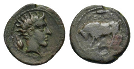 Sicily, Gela, c. 420-405 BC. Æ Onkia (10,4mm, 1g). Bull butting left; grain ear and ΓΕΛΑΣ above, pellet in exergue. R/ Head of river-god Gelas right, ...