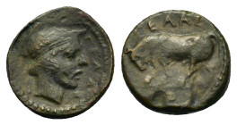 Sicily, Gela, c. 420-405 BC. Æ Onkia (11,6mm, 1g). Bull standing l. R/ ΓEΛAΣ, Horned head of Gelas r. CNS 16; HGC 2, 382.