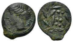 Sicily, Himera, c. 415-409 BC. Æ Hemilitron (15,7mm, 2.4g). Head of nymph to left; six pellets (mark of value) before. R/ Six pellets (mark of value) ...
