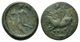 Sicily, Himera, c. 415-409 BC. Æ Tetras (15,7mm, 2.2g). Nude youth riding goat prancing right, blowing conch shell; three pellets below. R/ Nike flyin...
