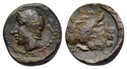 Sicily, Kamarina, c. 420-405 BC. Æ Tetras (13,4mm, 2.7g). Helmeted head of Athena left. R/ Owl standing left, head facing, grasping lizard; three pell...