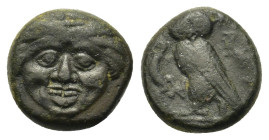 Sicily, Kamarina, c. 420-405 BC. Æ Tetras (11,9mm, 2.1g). Gorgoneion. R/ Owl standing left, head facing, holding lizard in talon; three pellets (mark ...