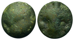 Sicily, Selinos, c. 450-440 BC. Æ Cast Hexas or Dionkion (17,2mm, 5.6g). Head of river-god to right. R/ Selinon (wild parsley) leaf; two pellets (mark...
