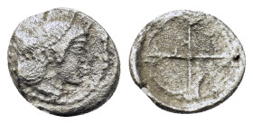 Sicily, Syracuse. Time of Hieron I (478-466 BC). AR Obol (9mm, 0.5g). Head of Arethusa to right, wearing pearl tainia, single pendant earring and neck...
