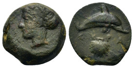 Sicily, Syracuse, c. 415-405 BC. Æ Hemilitron (16,8mm, 4g). Head of Arethusa l., hair bound in ampyx and sphendone; two leaves to r. R/ Dolphin swimmi...
