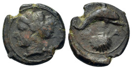 Sicily, Syracuse, c. 415-405 BC. Æ Hemilitron (17,4mm, 3.4g). Head of Arethusa l., hair bound in ampyx and sphendone; two leaves to r. R/ Dolphin swim...