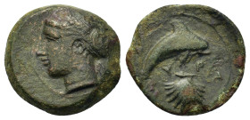 Sicily, Syracuse, c. 415-405 BC. Æ Hemilitron (16,5mm, 3.8g). Head of Arethusa l., hair bound in ampyx and sphendone; two leaves to r. R/ Dolphin swim...