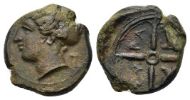 Sicily, Syracuse, c. 415-405 BC. Æ Hemilitron (15,7mm, 3.6g). Head of Arethusa l., hair in sphendone. R/ Wheel of four spokes; dolphins in lower quart...