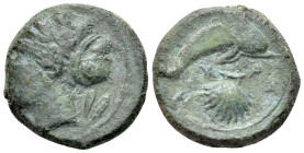 Sicily, Syracuse, c. 415-405 BC. Æ Hemilitron (14mm, 3.38g, 3h). Head of Arethusa l., hair bound in ampyx and sphendone; two leaves to r. R/ Dolphin s...