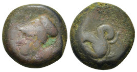 Sicily, Syracuse. Time of Dionysios I (405-367 BC). Æ (19,8mm, 8.6g). Head of Athena to left, wearing laureate Corinthian helmet; ΣΥΡΑ inverted above....