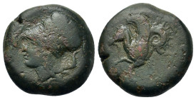 Sicily, Syracuse. Time of Dionysios I (405-367 BC). Æ (19,1mm, 9.8g). Head of Athena to left, wearing laureate Corinthian helmet; ΣΥΡΑ inverted above....