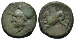 Sicily, Syracuse. Time of Dionysios I (405-367 BC). Æ (18mm, 5.6g). Head of Athena to left, wearing laureate Corinthian helmet; ΣΥΡΑ inverted above. R...