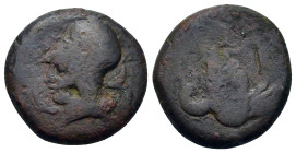 Sicily, Syracuse. Time of Dionysios I (405-367 BC). Æ Litra (20,3mm, 7.9g). Head of Athena left, wearing Corinthian helmet with neck guard. R/ Hippoca...