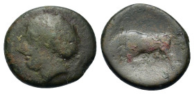 Sicily, Syracuse. Fourth Democracy or Hiketas II (289-287 BC and 287-278 BC). Æ Trias(?) (16,7mm, 3.6g). Head of Kore left; grape bunch behind. R/ Bul...