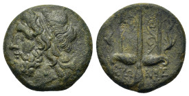Sicily, Syracuse. Time of Hieron II (275-215 BC). Æ (18,3mm, 5.4g). Diademed head of Poseidon l. R/ Trident flanked by two dolphins swimming downwards...
