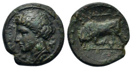 Sicily, Syracuse. Time of Hieron II (275-215 BC). Æ (16,9mm, 3.8g). Wreathed head of Kore l.; grape bunch(?) behind. R/ Bull butting l.; sabove, symbo...