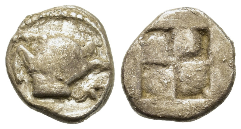 Macedon, Akanthos, c. 500-476 BC. AR Tetrobol (2.40g). Forepart of bull left, he...