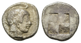 Macedon, Akanthos, c. 500-470 BC. AR Diobol (10,7mm, 1.10g.). Head of Athena to right, wearing a crested Attic helmet and with slight drapery around h...