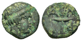 Macedon, Amphipolis, c. 410-357 BC. Æ Dichalkon (11mm, 1.05 g.). Head of Apollo to right, wearing taenia. R/ A-M-Φ-I Lighted race torch, within linear...