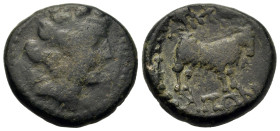 Macedon, Amphipolis, c. 187-168/7 B.C. Æ (19,3mm, 6.7g). Wreathed head of Dionysos right / AMΦIΠOΛITΩN, goat standing right. AMNG III 50; SNG Copenhag...