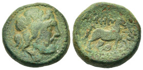 Macedon, Amphipolis, c. 187-31 BC. Æ (18mm, 7.7g). Head of Poseidon r. R/ AMΦIΠ, horse prancing right, Θ below. SNG Copenhagen 64.