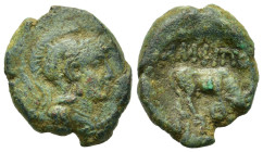 Macedon, Amphipolis, c. 148-131 BC. Æ (15,8mm; 4,20g). Helmeted head of Athena r. R/ Bull grazing right. RPC-1644; BMC-70. VF and very rare.