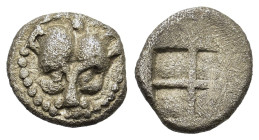 Macedon, Argilos, c. 500-470 BC. AR Obol (9mm, 0.60 g.). Lion head facing; pellet above. R/ Quadripartite incuse square. AMNG III/2, 16 var. (no pelle...