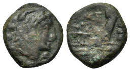 P. Maenius M.f. Antias or Antiaticus(?), Rome, 132 B.C. Æ Quadrans (15,9mm, 3.7g). Rome mint. Scarce. Head of Hercules right, wearing lion's-skin head...