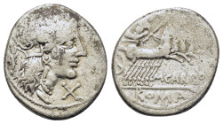 M. Carbo, Rome, 122 BC. AR Denarius (18,7mm, 3.9g). Rome. Helmeted head of Roma right; laurel branch to left, X (mark of value) below chin. R/ Jupiter...