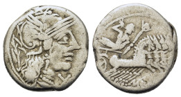 M. Papirius Carbo, Rome, 122 BC. AR Denarius (17mm, 3.9g). Helmeted head of Roma r.; behind, branch. R/ Jupiter in prancing quadriga r., hurling thund...