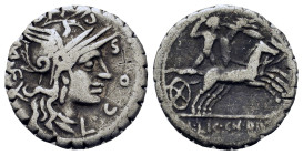 L. Cosconius M.f., Narbo, 118 BC. AR Serrate Denarius (18,2mm, 3.7g). Helmeted head of Roma r.; L•COSCO•M•F around, denomination mark behind. R/ Galli...