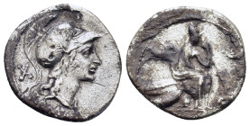 Anonymous, Rome, 115-114 BC. AR Denarius (19,5mm, 3g). Rome. Helmeted head of Roma right; X (mark of value) to left. R/ Roma seated right on pile of s...