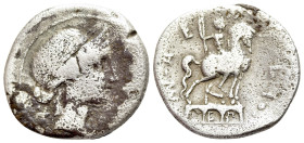 Mn. Aemilius Lepidus, Rome, 114-113 BC. AR Denarius (17mm, 3.75g, 6g). Laureate, diademed, and draped bust of Roma right; mark of value to left. R/Equ...