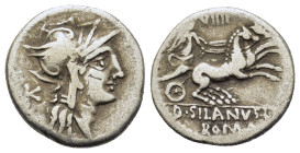 D. Silanus L. f., Rome, 91 BC. AR Denarius (17,6mm, 3.8g). Helmeted head of Roma right; K behind. R/ D. SILANVS. L. F/ROMA, Victory driving galloping ...