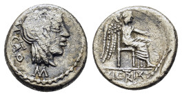 M. Cato. 89 BC. AR Quinarius (13,2mm, 2g). Rome mint. Head of Liber right, wearing ivy wreath; M below. R/ Victory Victrix seated right, holding palm ...