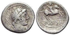 Pub. Crepusius, Rome, 82 BC. AR Denarius (18mm, 3.60g, 3h). Laureate head of Apollo r.; sceptre and letter to l.; symbol to lower r. R/ Horseman ridin...