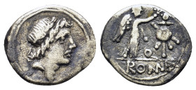 Anonymous, Rome, 81 BC. AR Quinarius (15mm, 1.6g). Laureate head of Apollo r. R/ Victory standing r., crowning trophy; pellet above A between. Crawfor...