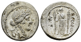 P. Clodius M. f. Turrinus, Rome, 42 BC. AR Denarius (18,3mm, 3.2g). Laureate head of Apollo to right; lyre behind. R/ Diana standing facing, head to r...