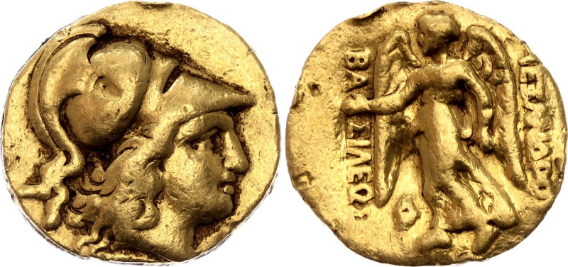 Gold 6.49 g; The obverse features a head of Athena facing right, wearing a Corin...