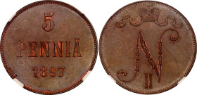 Russia - Finland 5 Pennia 1897 NGC MS65 BN Top Pop