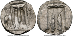 BRUTTIUM. Croton. Ca. 480-430 BC. AR stater (19mm, 7.61 gm, 12h). NGC XF 4/5 - 3/5, brushed. ϘPO (retrograde), tripod with leonine feet, heron standin...