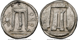 BRUTTIUM. Croton. Ca. 480-430 BC. AR stater (21mm, 12h). NGC Choice VF. ϘPO (retrograde), tripod with leonine feet on thick dotted exergual line, crab...