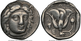 CARIAN ISLANDS. Rhodes. Ca. 340-316 BC. AR didrachm (18mm, 12h). NGC VF. Head of Helios facing, turned slightly right, hair parted in center and swept...