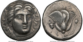 CARIAN ISLANDS. Rhodes. Ca. 305-275 BC. AR didrachm (18mm, 1h). NGC Choice VF. Head of Helios facing, turned slightly right, hair parted in center and...