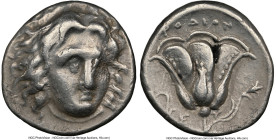 CARIAN ISLANDS. Rhodes. Ca. 305-275 BC. AR didrachm (18mm, 11h). NGC VF. Head of Helios facing, turned slightly right, hair parted in center and swept...