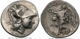 PAMPHYLIA. Side. Ca. 3rd-2nd centuries BC. AR tetradrachm (31mm, 12h). NGC Choice Fine, scratches, countermark. Ath-, magistrate. Head of Athena right...